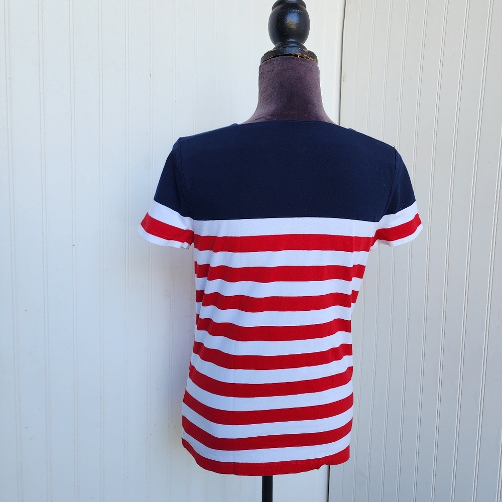 Chaps Classics Navy White Red Stripe Square Neck Short Sleeve T Shirt Nautical M - Picture 6 of 10